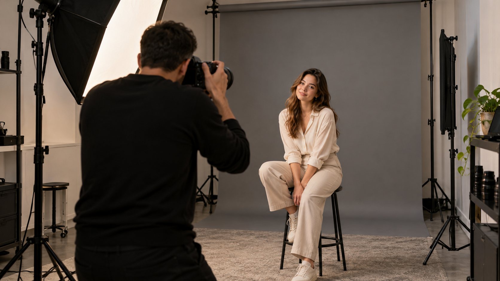 Fotograaf begeleidt een portretsessie in de studio van Jaweed Studio in Gent