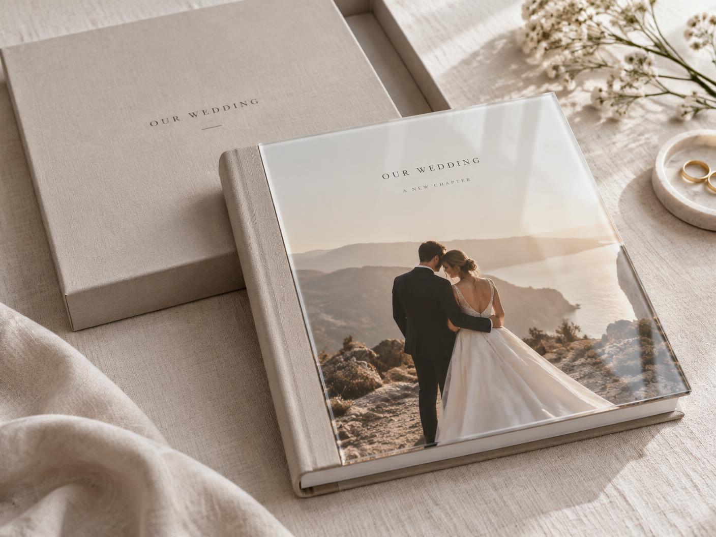 Trouwalbum 30x30 cm met glazen cover en presentatiebox