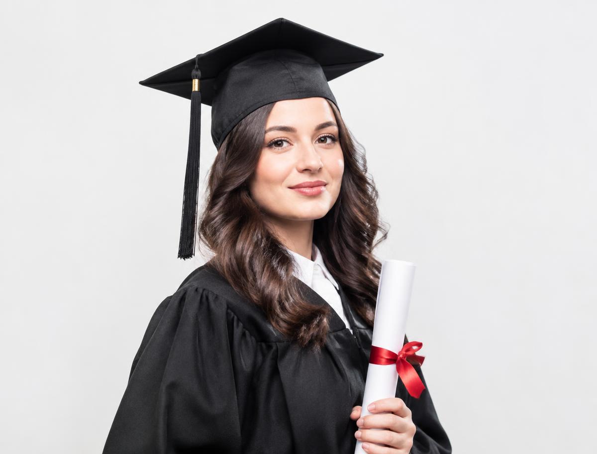 Afstudeerportret van een studente met toga en diploma