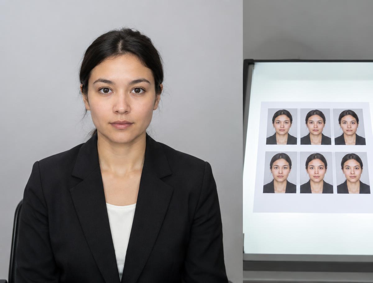 Officiële pasfoto met afdrukken op een lichttafel