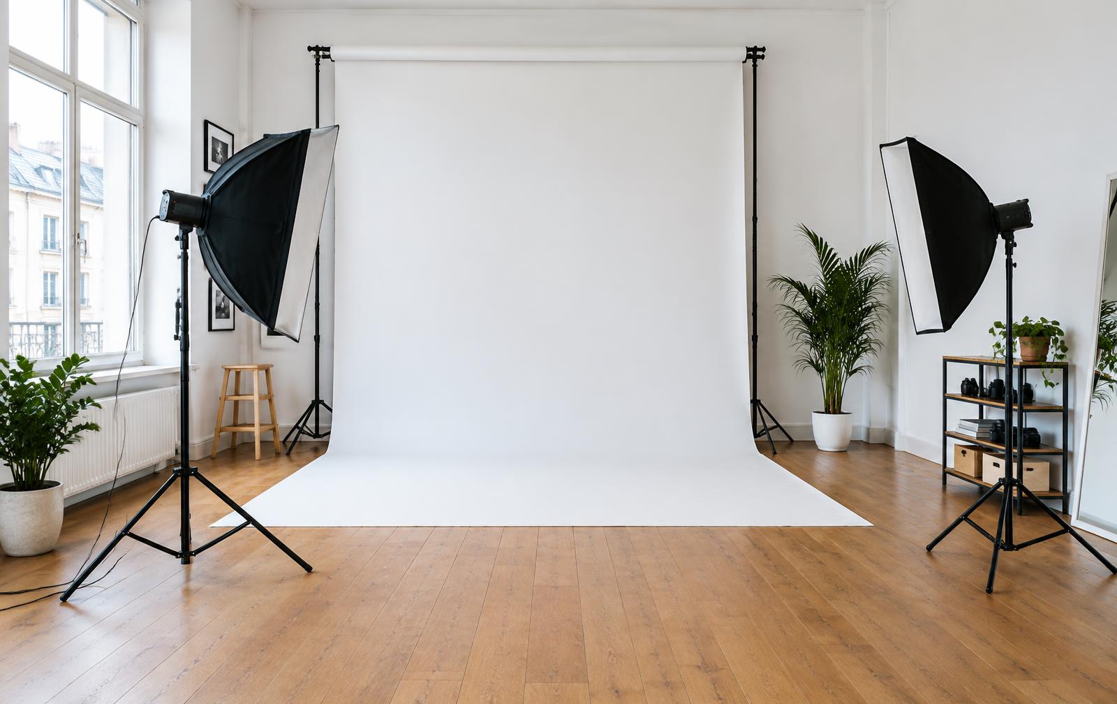 Photo studio in Ghent with softboxes and a white backdrop
