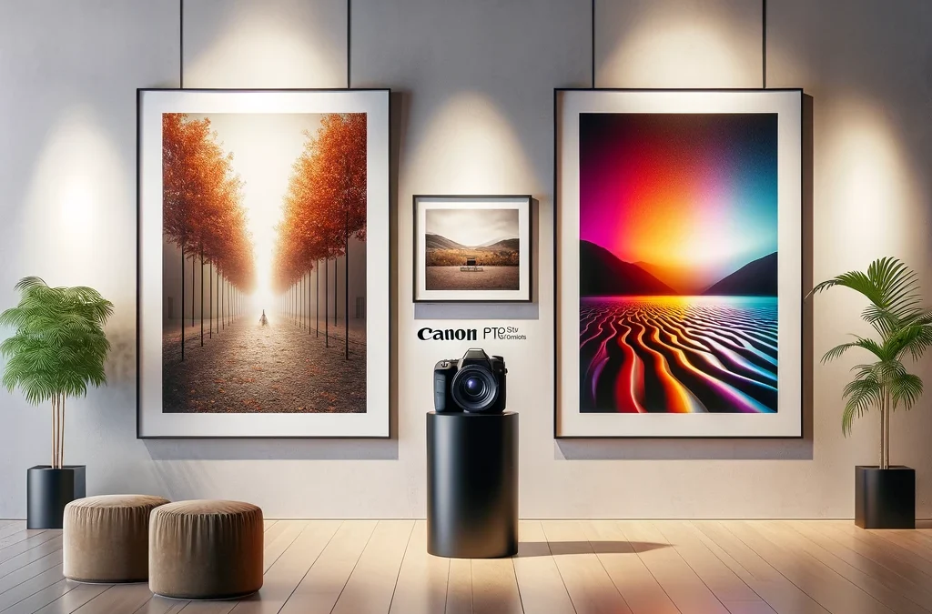 "Interior of a modern art gallery with two large framed photographs displayed on white walls. The left photo is printed on Canon LU-101 Pro Luster paper, showing rich colors with a subtle sheen, while the right photo is on Canon PT-101 Pro Platinum paper, exhibiting vibrant, high-contrast colors with a glossy finish."
