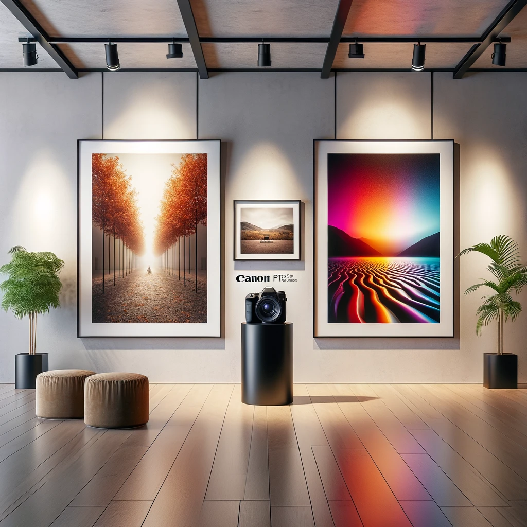 "Interior of a modern art gallery with two large framed photographs displayed on white walls. The left photo is printed on Canon LU-101 Pro Luster paper, showing rich colors with a subtle sheen, while the right photo is on Canon PT-101 Pro Platinum paper, exhibiting vibrant, high-contrast colors with a glossy finish."