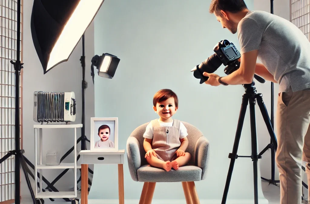 A professional photography studio with a clean, well-lit environment. The studio is equipped with advanced photography equipment, including a high-quality camera and proper lighting setup. A baby is sitting comfortably on a small, cushioned chair with a plain white background. A friendly photographer is taking the photo, ensuring the baby is calm and happy. The setting reflects high standards of service and efficiency.