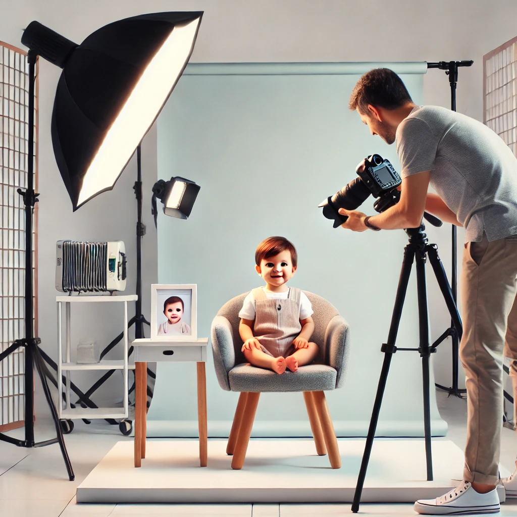 A professional photography studio with a clean, well-lit environment. The studio is equipped with advanced photography equipment, including a high-quality camera and proper lighting setup. A baby is sitting comfortably on a small, cushioned chair with a plain white background. A friendly photographer is taking the photo, ensuring the baby is calm and happy. The setting reflects high standards of service and efficiency.