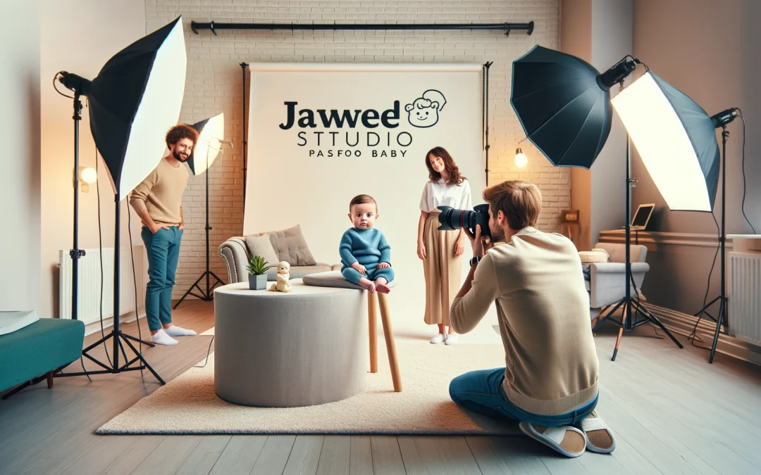 A professional photography studio, Jaweed Studio in Ghent, Belgium, set up for taking baby passport photos. The studio features high-quality lighting equipment, a comfortable white background, and a friendly photographer capturing a photo of a calm baby. Happy parents are watching the process, and there is a banner in the background that reads "Jaweed Studio - Pasfoto Baby."