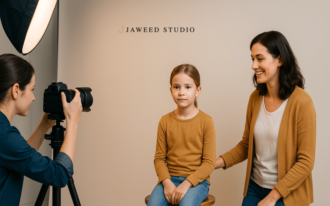 Pasfoto Kids-ID Gent: meisje van 6–8 op krukje, neutrale blik recht in de camera, studioverlichting volgens ICAO; moeder ernaast, fotograaf tegenover.